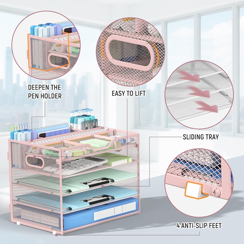 Docnest 5 Tier Mesh Desk Organizer- Letter Tray with Adjustable Compartments, Mesh Desktop Storage Built in Pen Holder and Handles, Desk Organizer Tray for Mail Documents Office Supplies–Pink - Image 5